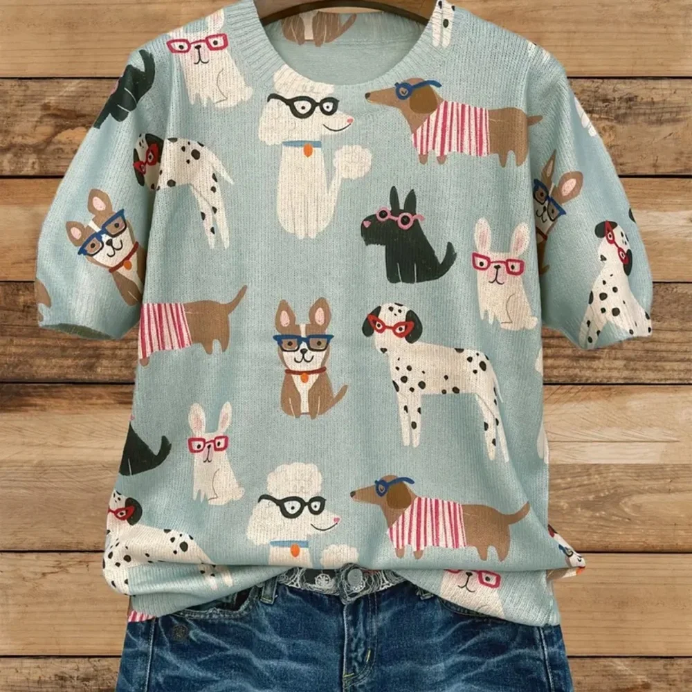 949. Casual Knitted Crew Neck Short Sleeve Sweater, Cartoon Dog Print, - Picture 1 of 3